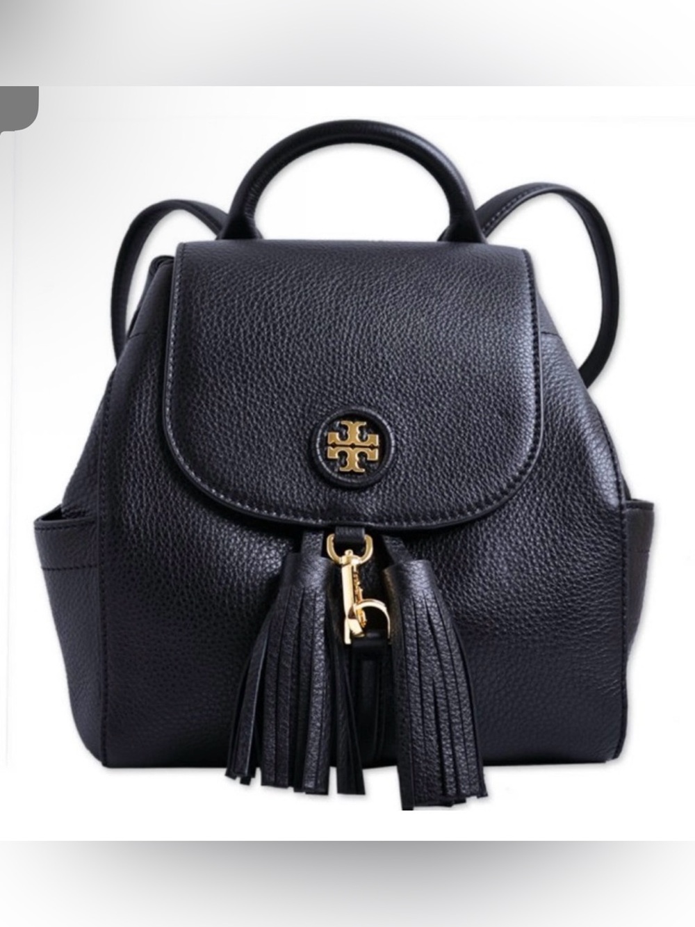 Tory Burch Black Pebbled Leather Whipstitch Backpack with Gold-Tone Hardware